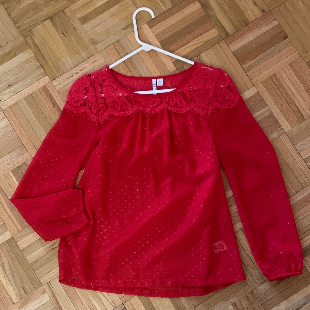Swiss Dot Vibrant Red Blouse w/ Lace Neckline Women’s Size XS